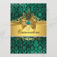 Elegante Verde azulada Damask Quinceanera Invite