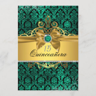 Invitación Elegante Verde azulada Damask Quinceanera Invite