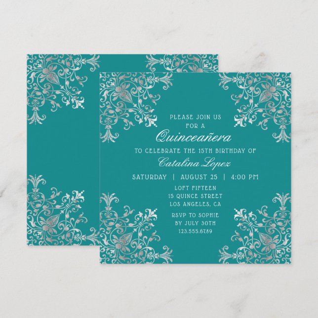 Invitación Elegante Verde azulada Plata Ornate Floral Quincea (Anverso / Reverso)