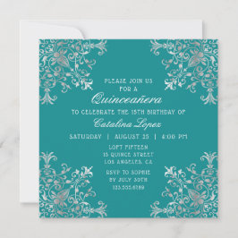 Invitación Elegante Verde azulada Plata Ornate Floral Quincea