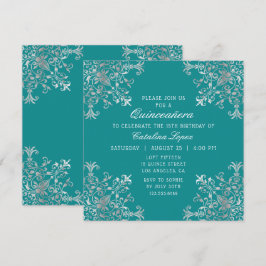 Invitación Elegante Verde azulada Plata Ornate Floral Quincea
