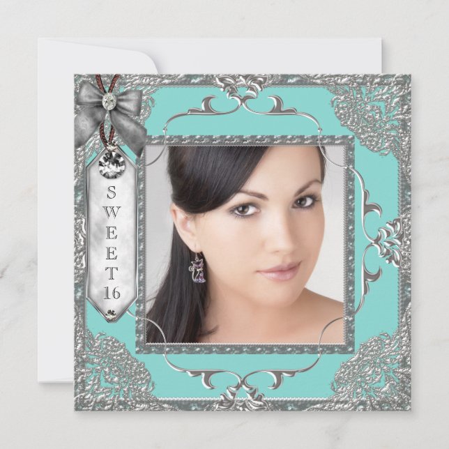Invitación Elegante Verde azulado Azul y Plata Dulce 16 Fiest (Anverso)