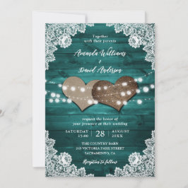 Invitación Elegante Verde azulado Barn Wood Lace String Light