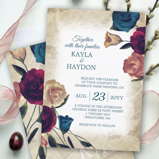 Invitación Elegante Verde azulado, beige Borgoña Boda de los  (burgundy, red, teal green beige botanical rose garden wedding invitations, summer roses wedding)