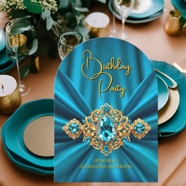 Invitación Elegante Verde azulado Blue Birthday Gold Jewel Fa (Subido por el creador)