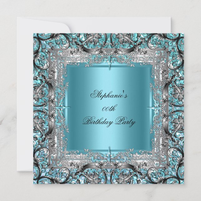 Invitación Elegante Verde azulado Blue Birthday Party Silver  (Anverso)