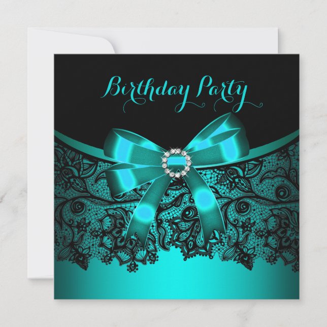 Invitación Elegante Verde azulado Blue Bow Black Lace Fiesta  (Anverso)