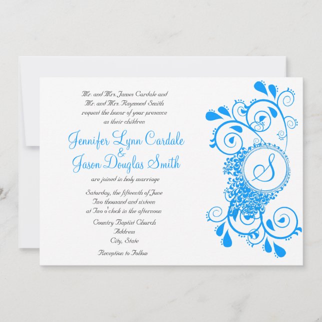 Invitación Elegante Verde azulado Blue Flourish Monograma Inv (Anverso)