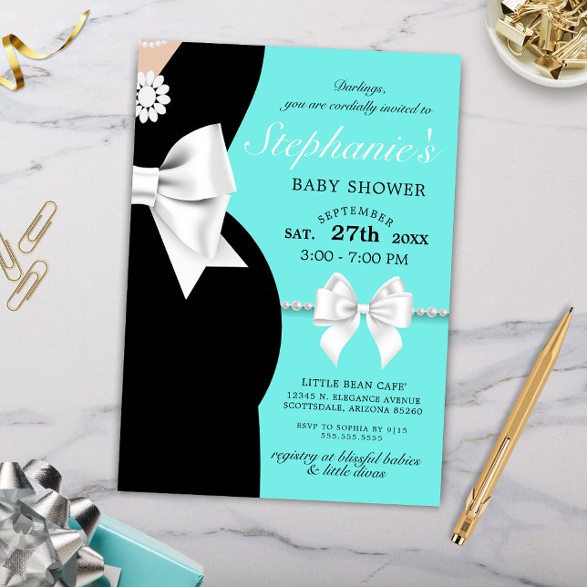 Invitación Elegante Verde azulado Blue Glam Tiffany Theme Bab (Elegant Little Black Dress Bows and Pearls Baby Shower Invitation with Tiffany Theme)