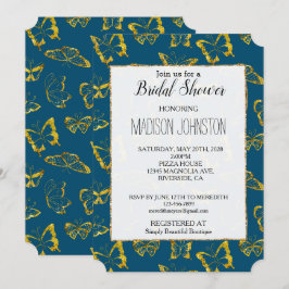 Invitación Elegante Verde azulado Blue Gold Butterflies Brida