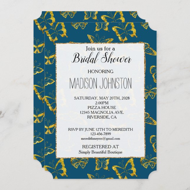 Invitación Elegante Verde azulado Blue Gold Butterflies Brida (Anverso / Reverso)