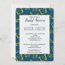 Invitación Elegante Verde azulado Blue Gold Butterflies Brida