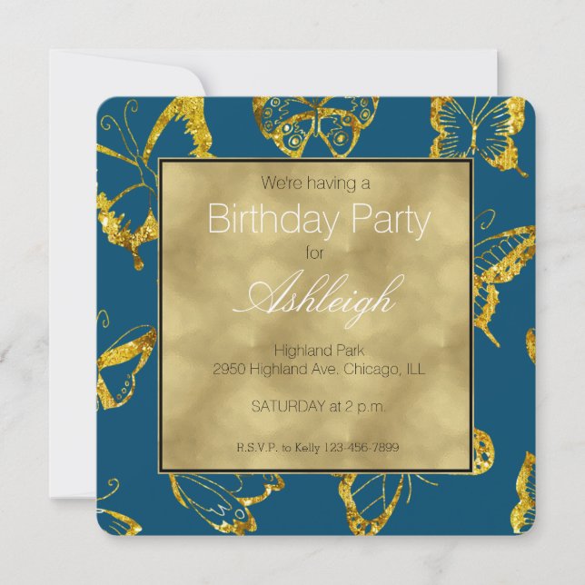 Invitación Elegante Verde azulado Blue Gold Butterflies Cumpl (Anverso)