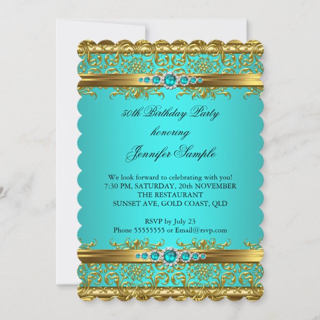 Invitación Elegante Verde azulado Blue Gold Damask Diamond Cu (Anverso)
