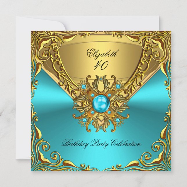Invitación Elegante Verde azulado Blue Jewel Gold Birthday Pa (Anverso)