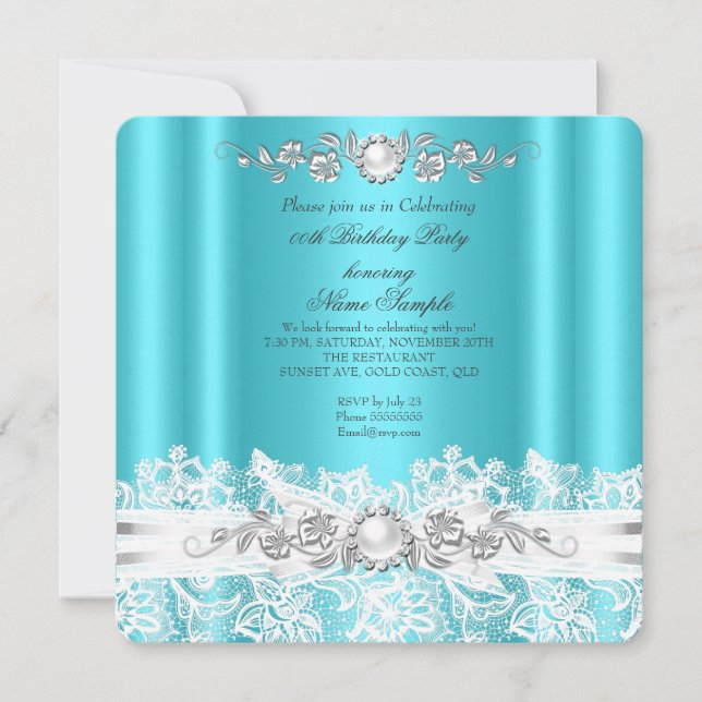 Invitación Elegante Verde azulado Blue Lace Blanco Jewel Bow  (Anverso)