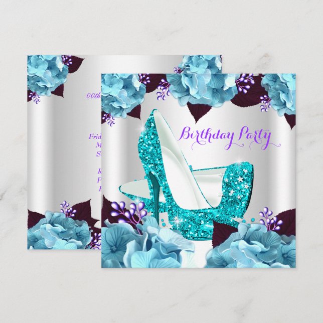 Invitación Elegante Verde azulado Blue Purple Hi Heels Partid (Anverso / Reverso)
