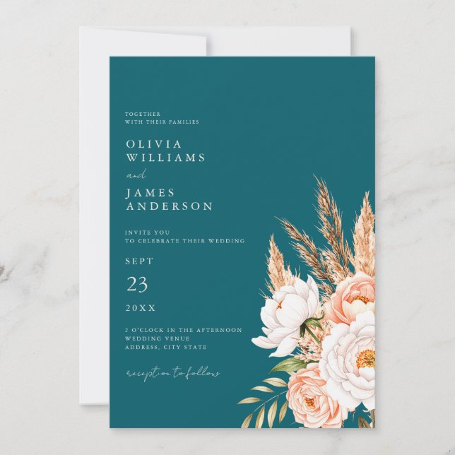 Invitación Elegante Verde azulado Boho Moda Boda floral otoño (Anverso)