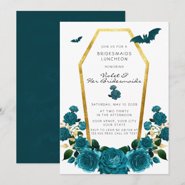 Invitación Elegante Verde azulado Coffin de oro Floral Brides (Anverso / Reverso)