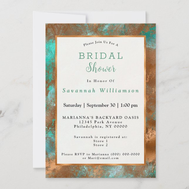 Invitación Elegante Verde azulado Copper Patina Resumen Ducha (Anverso)