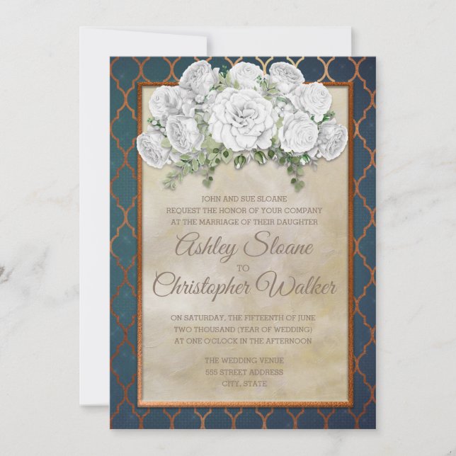 Invitación Elegante Verde azulado Copper White Floral Wedding (Anverso)