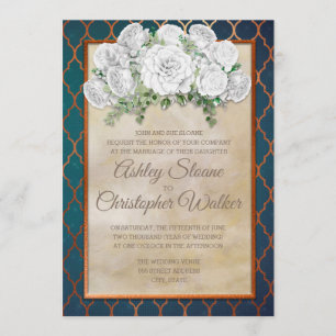Invitación Elegante Verde azulado Copper White Floral Wedding