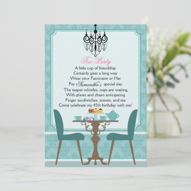 Invitación Elegante Verde azulado Damask Birthday Tea Fiesta (Anverso de pie)