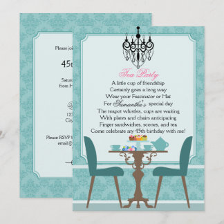 Invitación Elegante Verde azulado Damask Birthday Tea Fiesta