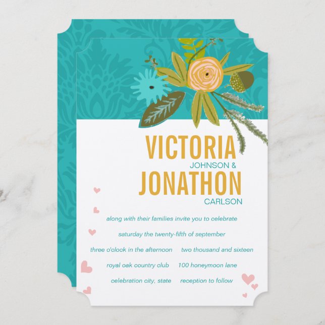 Invitación Elegante Verde azulado Damask Turquoise Boda de or (Anverso / Reverso)