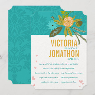 Invitación Elegante Verde azulado Damask Turquoise Boda de or