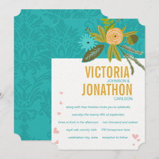 Invitación Elegante Verde azulado Damask Turquoise Boda de or