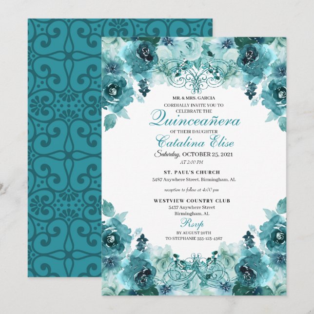 Invitación Elegante Verde azulado Floral Quinceanera Cumpleañ (Anverso / Reverso)