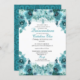 Invitación Elegante Verde azulado Floral Quinceanera Cumpleañ