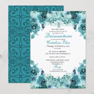 Invitación Elegante Verde azulado Floral Quinceanera Cumpleañ