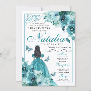 Invitación Elegante Verde azulado Floral Quinceanera Cumpleañ