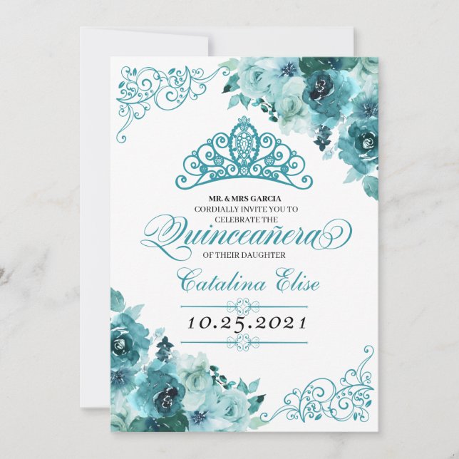 Invitación Elegante Verde azulado Floral Quinceanera Cumpleañ (Anverso)