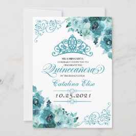Invitación Elegante Verde azulado Floral Quinceanera Cumpleañ