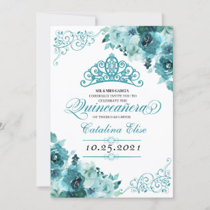 Invitación Elegante Verde azulado Floral Quinceanera Cumpleañ