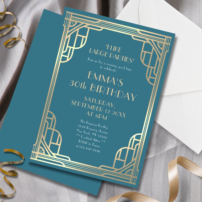 Invitación Elegante Verde azulado Gatsby de Oro Azul 30 cumpl (Subido por el creador)