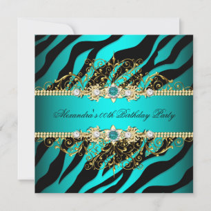 Invitación Elegante Verde azulado Gold Black Zebra Birday Par