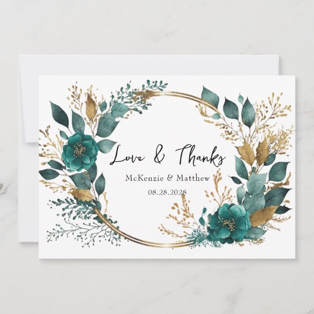 Invitación Elegante Verde azulado Gold Floral Boda Amor y Gra (Anverso)