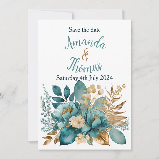 Invitación Elegante Verde azulado & Gold Floral guardar la fe (Anverso)