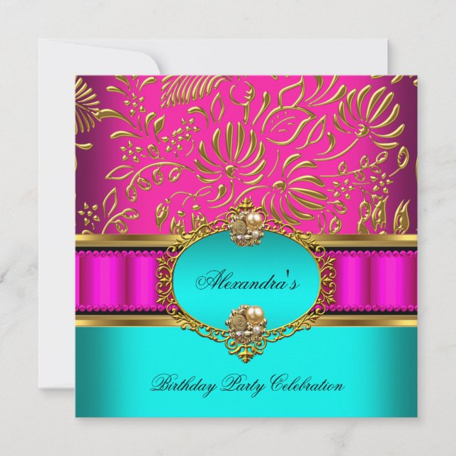 Invitación Elegante Verde azulado Hot Pink Gold Damask Fiesta (Anverso)