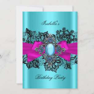 Invitación Elegante Verde azulado Hot Pink Lace Blue Birday P