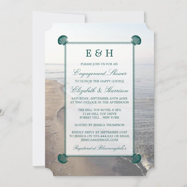 Invitación Elegante Verde azulado Monograma Venerop Beach Eng (Anverso)