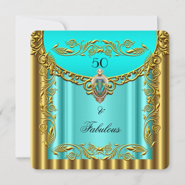 Invitación Elegante Verde azulado Oro Azul Fabuloso 50 cumple (Anverso)