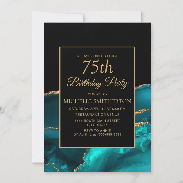 Invitación Elegante Verde azulado oro de mármol negro 75 cump (Anverso)