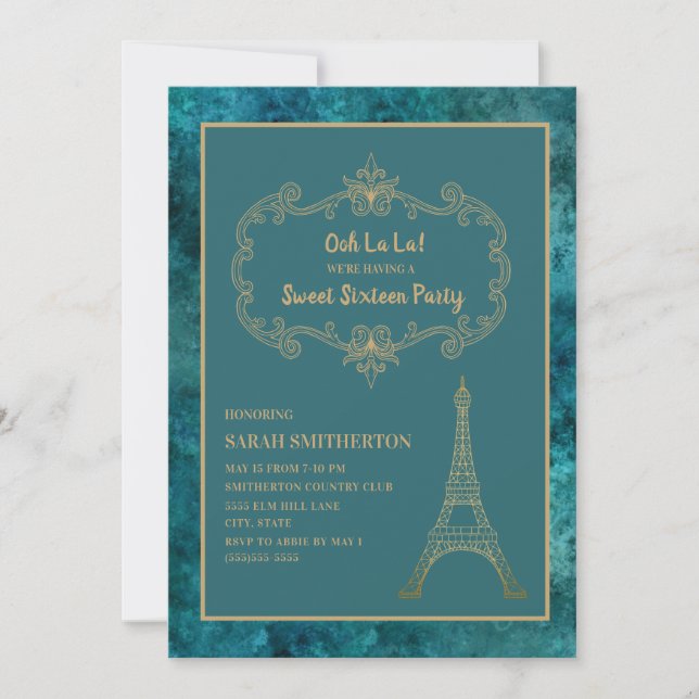 Invitación Elegante Verde azulado Oro Torre Eiffel Dulce 16 (Anverso)
