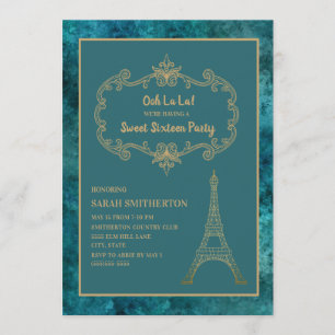 Invitación Elegante Verde azulado Oro Torre Eiffel Dulce 16