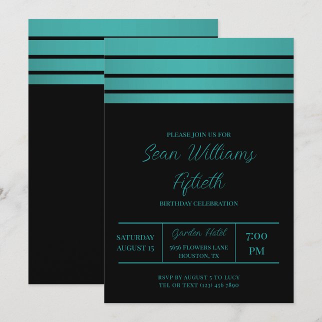 Invitación Elegante Verde azulado Stripes Masculino Cumpleaño (Anverso / Reverso)